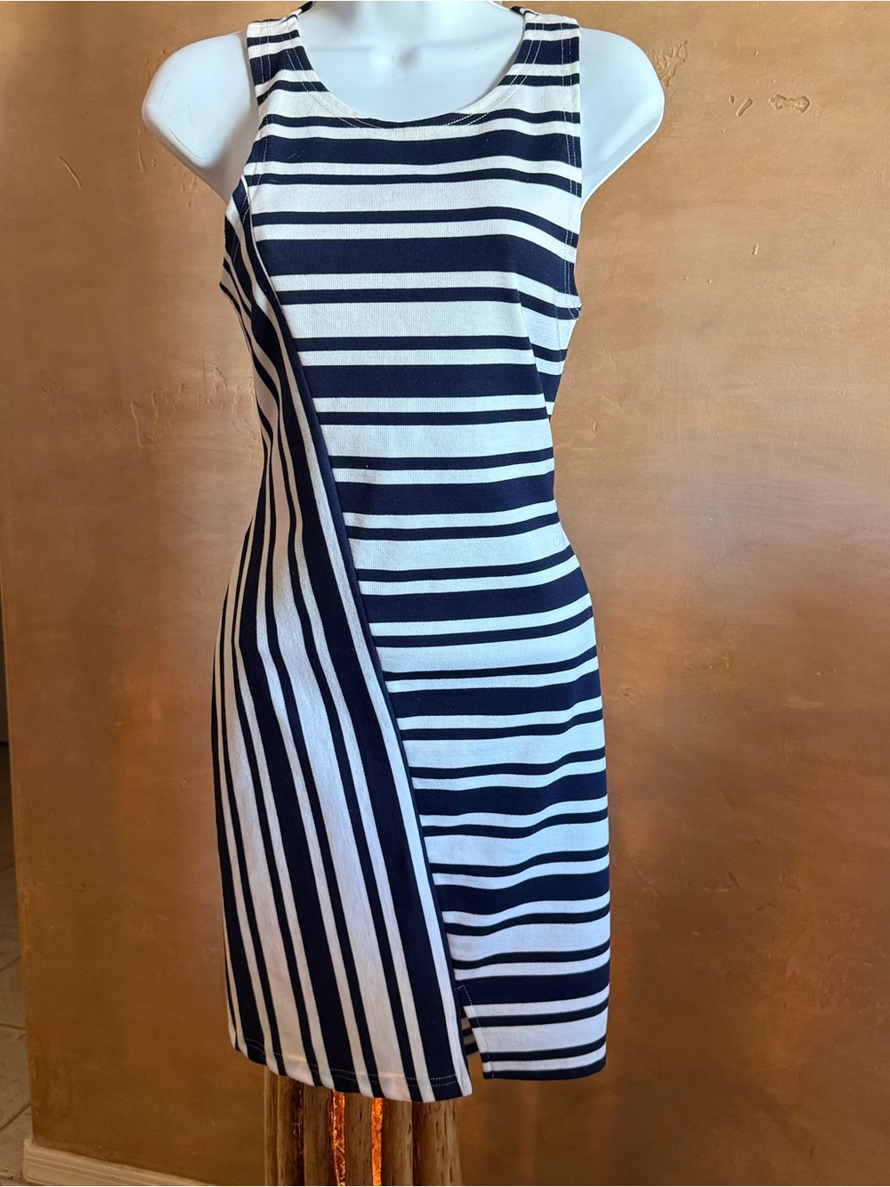 Say What? Navy and White Striped Sleeveless Mini Dress - Size Medium